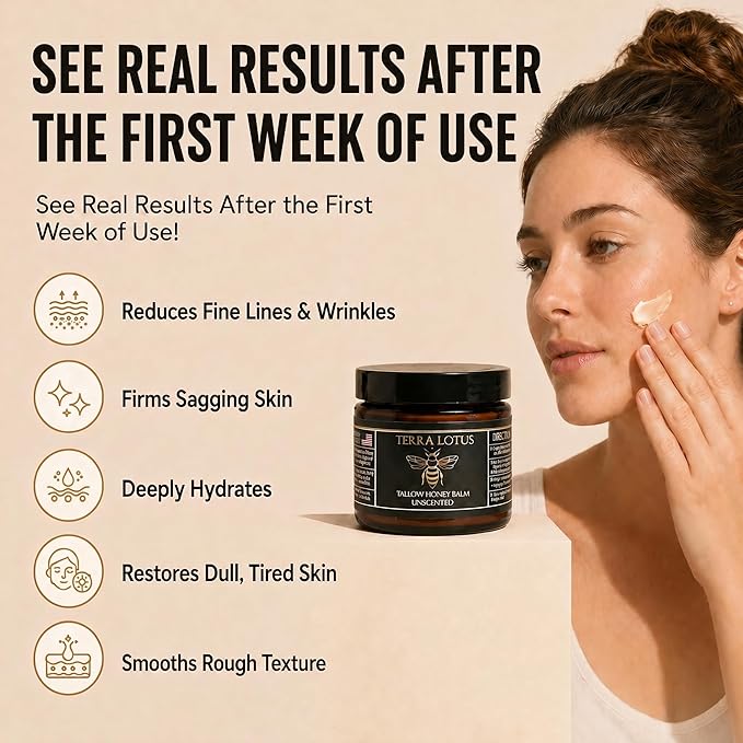 Terra Lotus - Organic Grass-Fed Beef Tallow Balm with Raw Honey - Moisturizing Cream for Soft, Smooth Skin - Handmade All-Natural Moisturizer (2 Oz, Lavender)