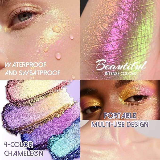 CHARMACY 4 Colors Chameleon Eyeshadow & Highlighter Palette - Shift-Infused Multichrome Pressed Pigments, Long-Lasting Velvet Finish, Vegan & Cruelty-Free Makeup Kit #02