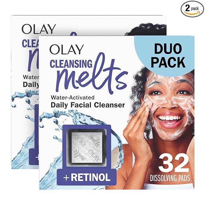 Olay Face Wash, Retinol Cleansing Melts, Fragrance-Free, Daily Use Gentle Cleanser, For All Skin Types, Travel Size, Water-Activated to Clean, Tone, and Refresh, 64ct (2 Pack x 32ct)