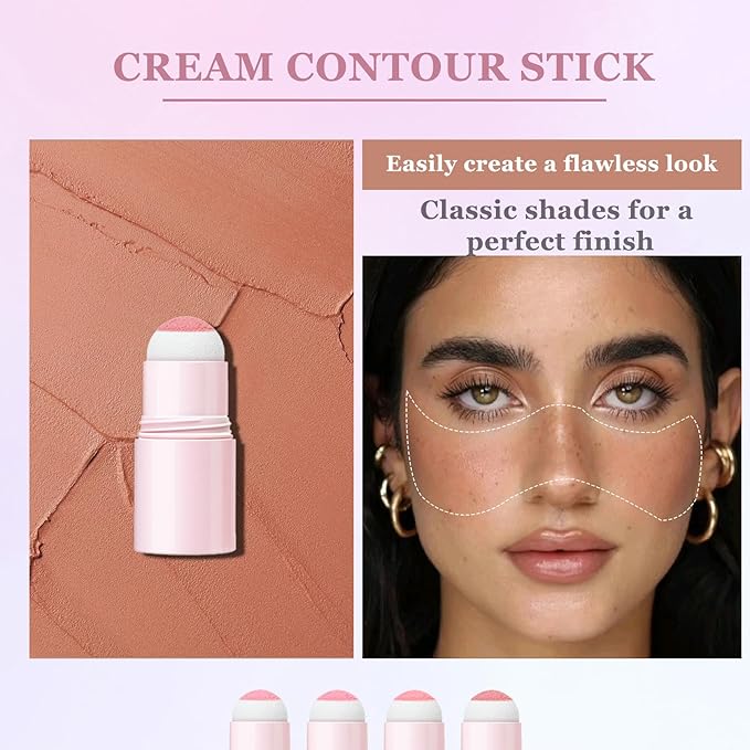 4Pcs Cream Contour Stick Makeup Kit,Shades with Highlighter,Brush Stick,Cream Bronzer for Sculpt the Cheeks,Long-lasting Waterproof Lightweight Contour Set B