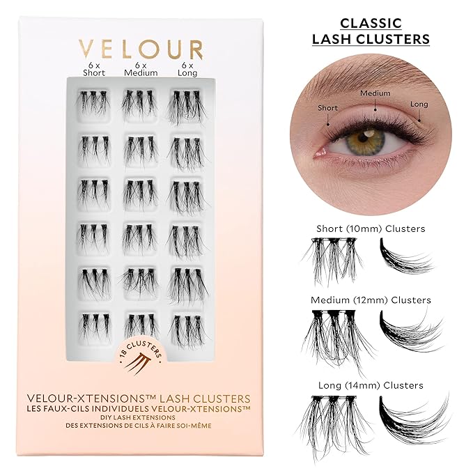 Velour-Xtensions™ Lash Clusters, 18 Individual Cluster Eyelash Extensions, Lightweight & Fluffy Lash Extensions, Soft & Comfortable Eyelash Clusters, Natural Lashes All Eye Shapes (Classic)