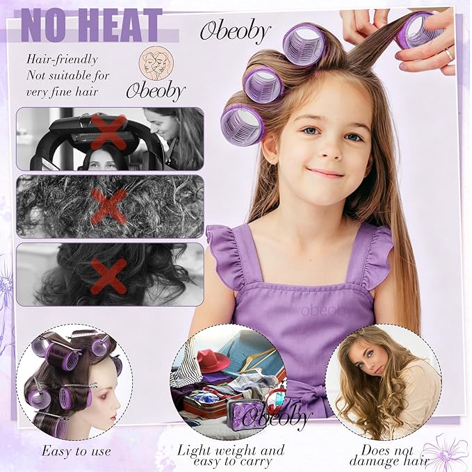 obeoby 4 Sizes Rollers Hair Curlers, 50 Pcs Set Jumbo Hair Rollers 25mm 36mm 48mm 60mm Self-Grip Hair Rollers with Clips, Curlers for Women Long, Short Hair and Bangs (Purple)