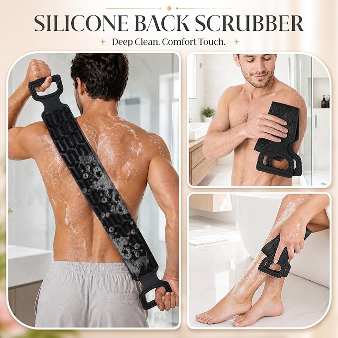 Manmihealth Silicone Back Scrubber for Shower 2 Pack, 33.8'' Exfoliating Body Scrubber with Long Strap Handle, Dual-Sided Extendable Back Washer for Men and Women (Black+Pink)