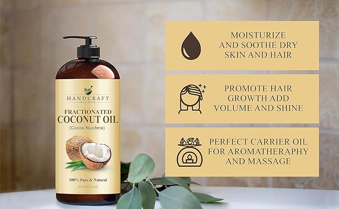 Handcraft Blends Fractionated Coconut Oil - 16 Fl Oz - 100% Pure and Natural - Premium Grade Carrier Oil for Skin, Hair and Body - Massage - Hair Tonic