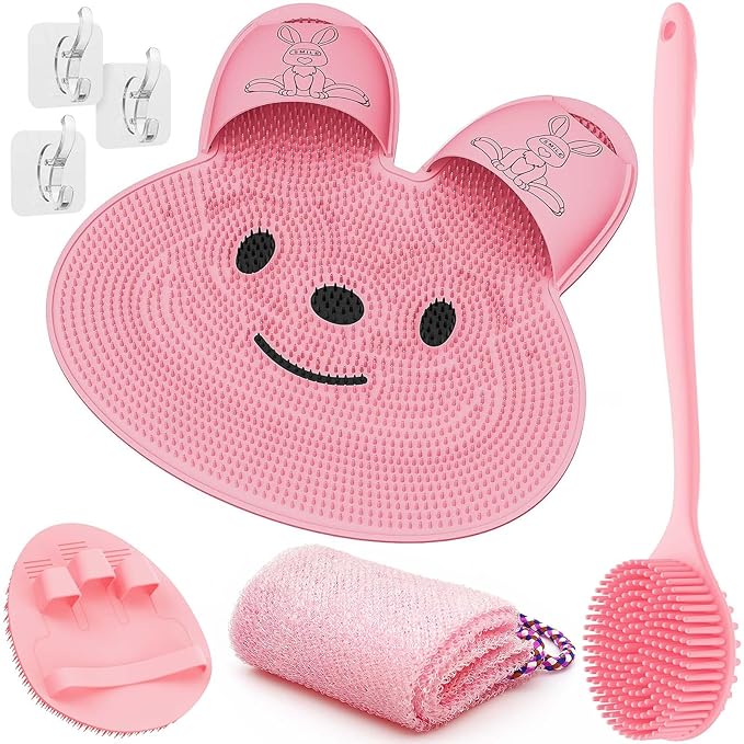 Manmihealth Extra-Large Shower Foot Scrubber Mat with Non-Slip Suction Cups, Silicone Body Scrubber with Long-Handle, Shower Bath Glove, Bath Sponge Net Combation (Pink)