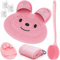 Manmihealth Extra-Large Shower Foot Scrubber Mat with Non-Slip Suction Cups, Silicone Body Scrubber with Long-Handle, Shower Bath Glove, Bath Sponge Net Combation (Pink)