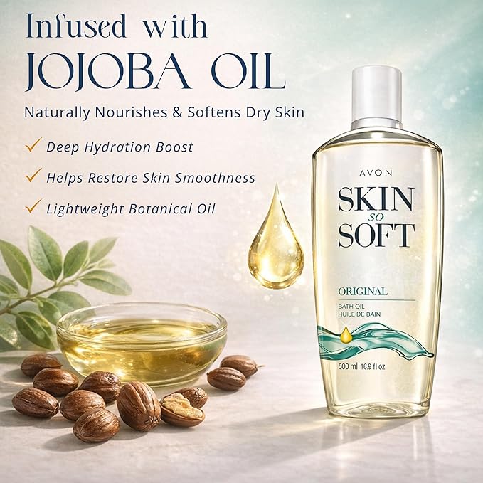 AVON Skin So Soft Original Bath Oil for Women, Moisturizing Body Oil with Jojoba Oil for Dry Skin, 16.9 fl oz Hydrating Shower Oil; Perfect as an After-Shower Skin Softener for All Adults