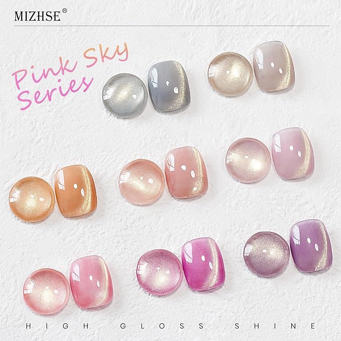 MIZHSE Cat Eye Gel Nail Polish, 8 Colors Glass Magnetic Gel Polish Set with Magnet Stick, Crystal Jelly Pink Purple Colors with Gradual Gold Cat Eye Effect Nail Gel Soak Off Nail Art Valentine's Gift