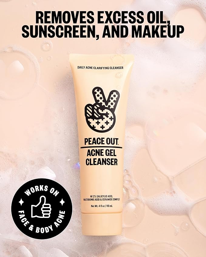 PEACE OUT Acne Gel Cleanser, With 2% Salicylic Acid for Breakouts, Blemishes & Blackheads, Daily Face Wash with Ceramides to Unclog Pores, Support Skin Barrier (4 fl oz)