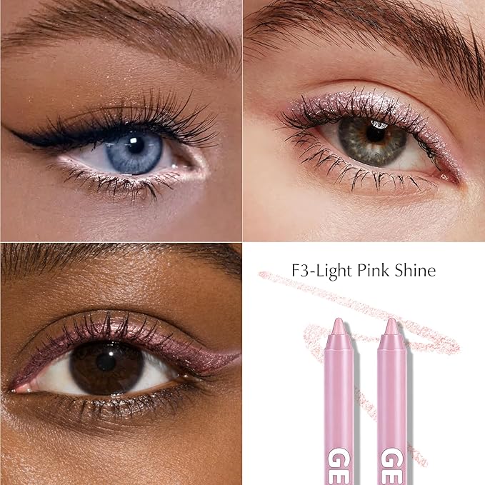 2 PCS Light Pink Eyeliner Pencil Set, Shimmer Gel Waterline Eye Liner Brightener Pen, Multi-Use Creamy Glitter Metallic Eyeshadow High Pigmented Long-Lasting for Older Women with Sharpener