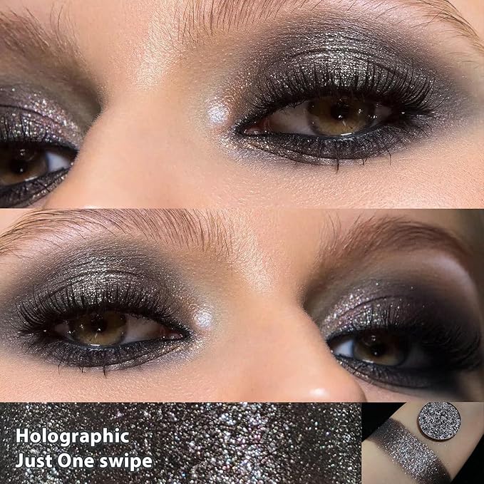 Afflano Multichrome Black Glitter Eyeshadow, Single Shimmery Black Eye Shadow Iridescent Sparkly, Smokey Goth Metallic Eye Makeup Pigmented, Waterproof Vegan Formula Monochrome Eyeshadow for Party
