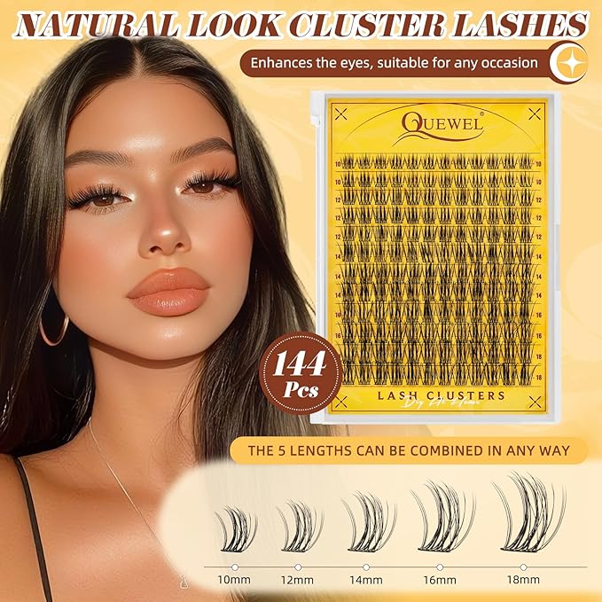 QUEWEL Lash Clusters Kit, 144PCS Natural Lash Custers with Lash Bond and Seal, C Curl Wispy Cluster Lashes Natural Look with Thin Band Easy to use for Beginners (DJ-FD-A）
