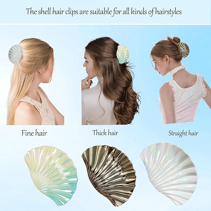3PCS Seashell Claw Clip for Women 3.74 Inch Gold Shell Claw Clip for Thick/Thin Hair Hawaiian Hair Accessories for Girls, Hawaii Tropical Decor for Summer Beach Vacation (Gold White Blue Gradient)