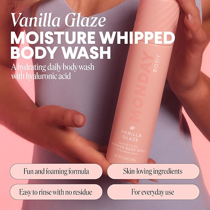 MONDAY HAIRCARE MOISTURE Whipped Body Wash in Vanilla Glaze Scent with Hyaluronic Acid for All Skin Types, 8.8 oz(Pack of 2)