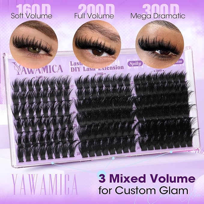 Wispy Lash Clusters 160D 200D 300D Mixed Volume Cluster Eyelash Extensions Fluffy Spiky Eyelash Clusters 12-20mm D Curl Individual Lashes Soft Reusable Cluster Lashes DIY Lash Extension by Yawamica