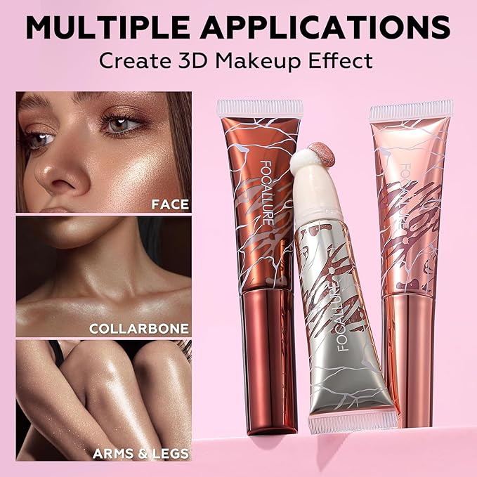 FOCALLURE 3 PCS Liquid Contour Stick,Moisturizing Highlighter,Blush and Bronzer,Silky Cream Contouring Pen with Soft Cushion Applicator,Long Lasting Face Illuminator Makeup,Hard Love