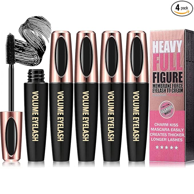 4 Pack 4D Silk Fiber Lash Mascara, Waterproof Smudge-proof Thickening Black Mascara for Natural Lengthening, Long Lasting & No Clumping