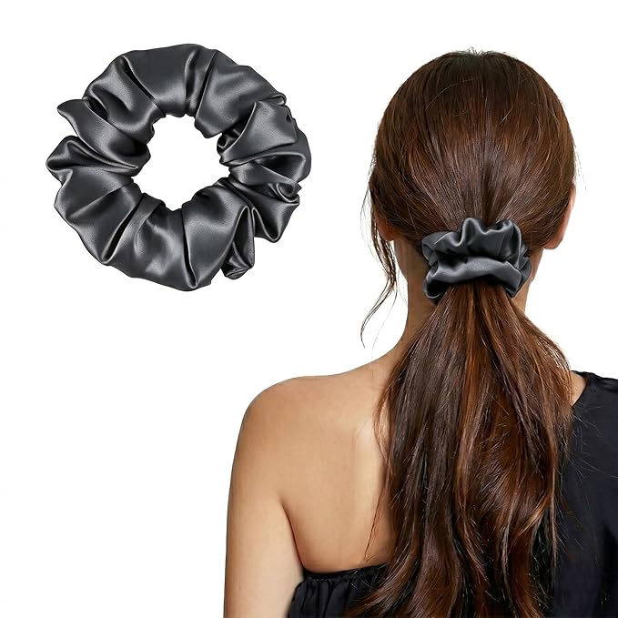 ZLYC 100% Mulberry Silk Scrunchie 19 Momme Gentle Creaseless Hair Tie for Women Dent-Free Ponytail Holder, 3.5cm Solid Gray