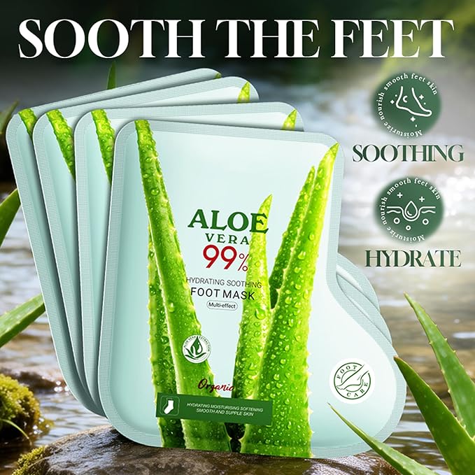Moisturizing Aloe Vera Foot Mask with Aloe Vera and Hyaluronic Acid, Hydrating Masks for Dry Cracked Feet, Dry Skin Moisturizer Exfoliating Mask for Soft and Smooth Feet - Men Women - 3 Pack