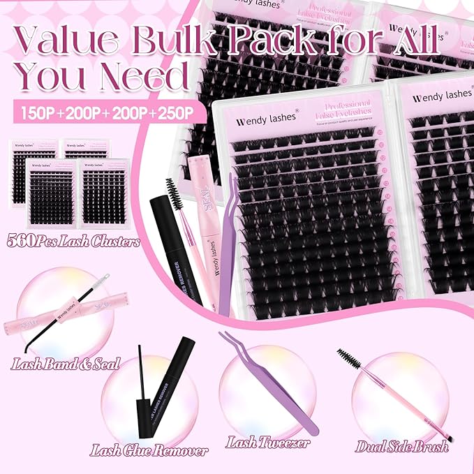 Fluffy Lash Clusters Kit Bulk Packs: Wendy, 560Pcs, 150D, 200D, 200D, 250D, D Curl, 10-18mm Mixed, Thick, Volume, Soft, DIY Eyelash, Individual, Natural, Fake Lashes