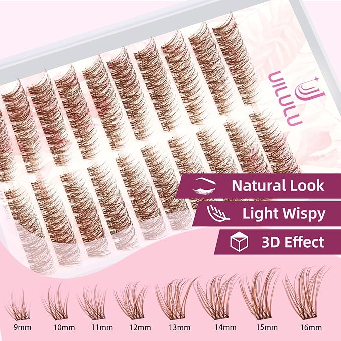 Brown Lash Clusters Kit Natural Lashes Extensions Wispy Eyelash Cluster 160pcs D Curl Left&Right with Bond & Seal, Glue Remover, Tweezers(U16 Lash Kits)