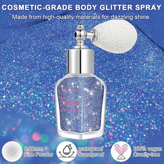 Hair and Body Glitter Spray, Shimmering Powder Sparkle Powder Makeup, Glitter Loose Sparkle Makeup for Body Highlighter,Festival Prom Rave Accessories (Blue)