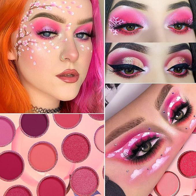 DE'LANCI Pink Eyeshadow Palette, Highly Pigmented Bright Hot Pink Eye Shadow Pallet, Bright Peach Rose Purple Red Eyeshadow Makeup Palette, for Girl Women Cute Suger Skull Candy Blush Goth Makeup
