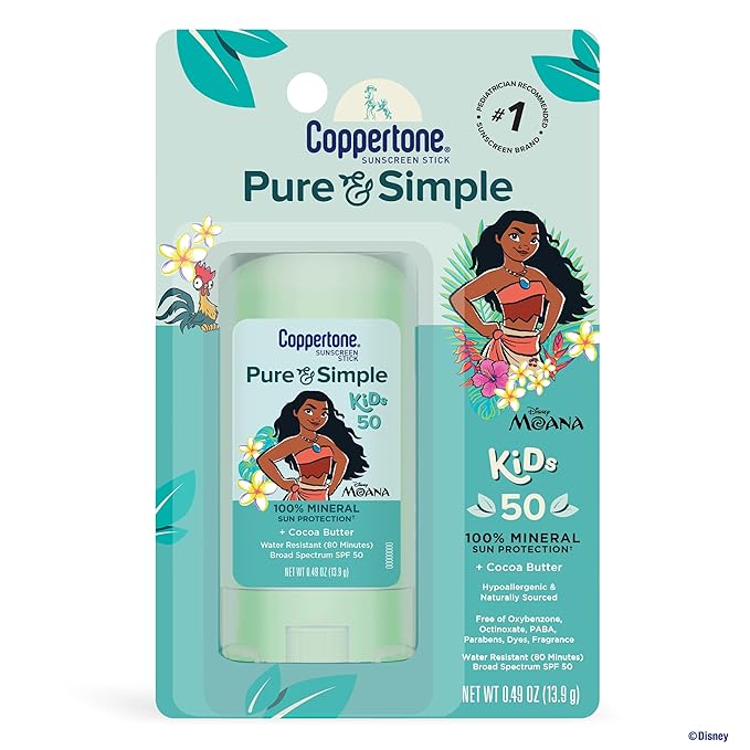 Coppertone Pure and Simple Kids Exclusive Disney Moana Sunscreen Stick SPF 50, Hypoallergenic, Mineral Sunscreen for Kids, Water Resistant, Oxybenzone and Octinoxate Free, 0.49 Oz Stick