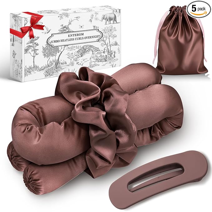 EnteromMuse Jumbo Heatless Curls Overnight Heatless Hair Curler Oversized Heatless Curling Rod, No Heat Damage Hair Curler for Voluminous Curls, Rollers & Curls Set with Satin Fabric(Brown, Jumbo)