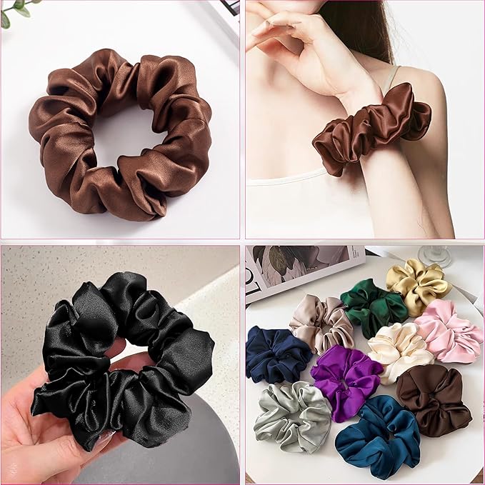 SALE! 16 Momme Pure Mulberry Silk Hair Scrunchies and Ties for Women Girls - Sleep and Daily Use - Curly, Thick or Thin Hair - Black and Brown (3 Pack)