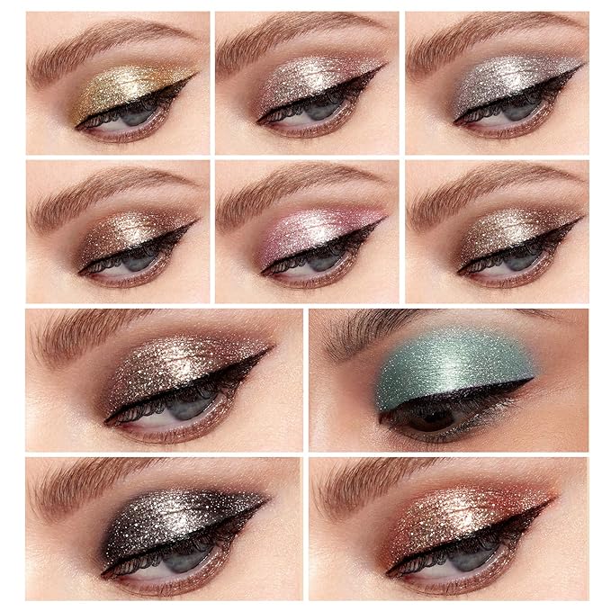 LANGMANNI 10 Pcs Liquid Glitter Eyeshadow,Metallic Shimmer Eyeshadow Sweatproof Makeup Set,Glitter Pressed All Highly Pigmented Blending Powder For Woman & Girl (10pcs)