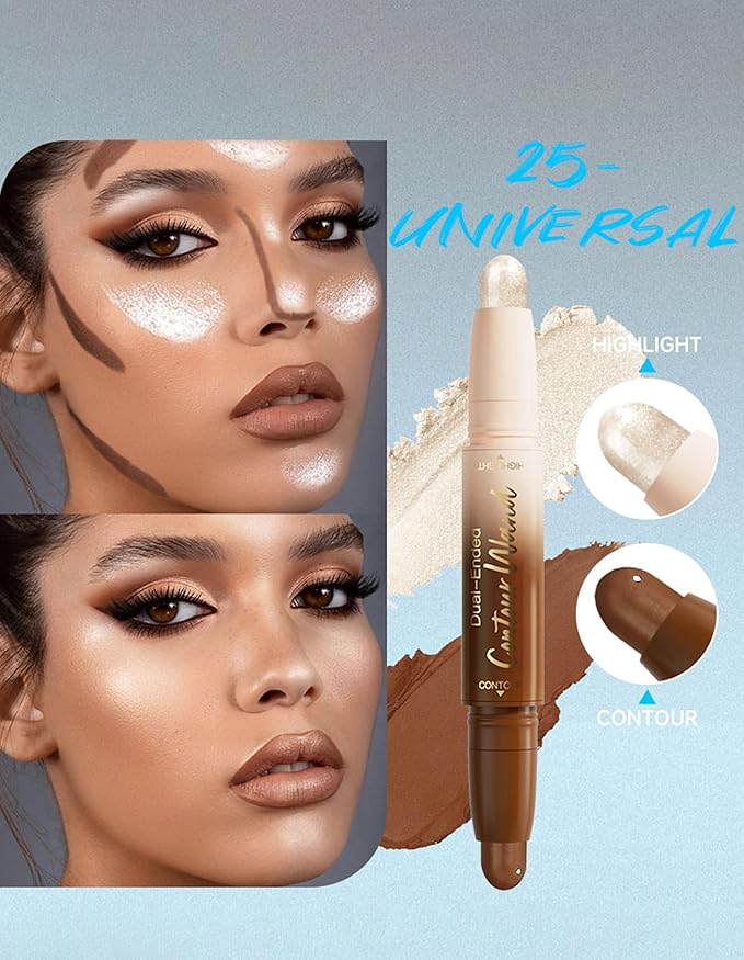Erinde Dual-Ended Contour Stick, 2-In-1 Nose Contour & Highlighter Pen, Creamy, Buildable and Easy to Apply, Long Lasting Waterproof Cream Bronzer & Highlight Sticks, 25 Universal