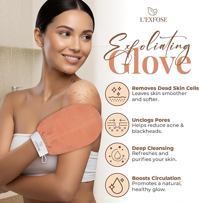 L'Exfose Kessa Hammam Deep Exfoliating Glove 4pc - Korean Exfoliating Mitt for Shower Ideal for Dead Skin Remover, Keratosis Pilaris & Self-Tanning to Improve Skin Tone Made with 100% Natural Viscose