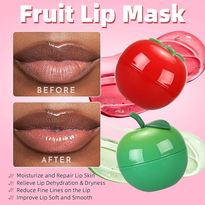 4 PCS Bee Lip Balm Lip Mask Fruit Pot,Lip Balm for Girls,Strawberry & Apple & Lemon & Peach Moisturizing Lip Sleeping Mask Overnight Lip Treatment,Small Gifts for Teen Girls,Mothers Day Gifts