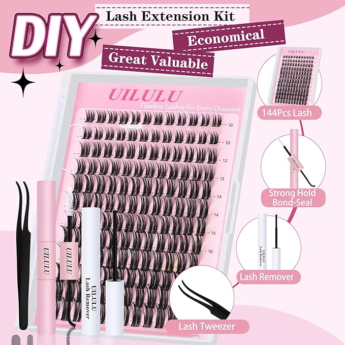 Uilulu Lash Cluster kit 10-18mm DIY Lash Extension Kit 144 D Curl Wispy Clusters Lashes 0.07D Individual Lashes Clusters False Eyelashes Set Eye Lash Kits Extensions Kit Fake Eye Lash(U15 Lash Kit)