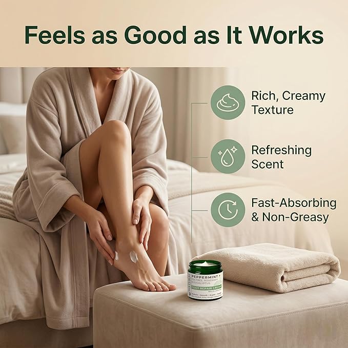 Peppermint Foot Cream for Dry Feet & Cracked Heels, Heel Repair Cream, Callus Remover w/ 5% Lactic Acid, Tea Tree Oil, Eucalyptus & Rosemary, Natural Foot Moisturizer for Dry Skin, 8 oz