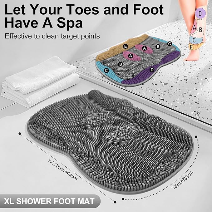 Bath Shower Foot Scrubber Mat - Silicone Shower Foot Scrubber Mat (XL) Cleaner Foot Toes Clean Pad Without Bending Non-Slip Suction Cups Bathroom mat 17.2 * 13 inch - Dark Grey