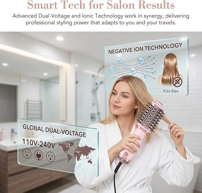 Travel Dual Voltage Hot Air Brush | 4 in 1 MIni Hair Dryer Brushes | 2 Inch Blow Dryer Brush with Storage Bag Global Adapter | One Step Volumizer Small Hair Dryer and Styler for All Hair Types