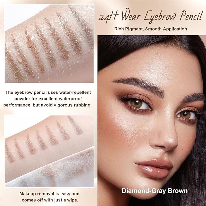 Eyebrow Pencil, Retractable Definer with Dual Brush, Ultra-Fine Tip for Precise Brow Makeup, Waterproof Gel Formula, Natural Hair-Like Strokes, Enhance Beauty (Gray Brown, Diamond)