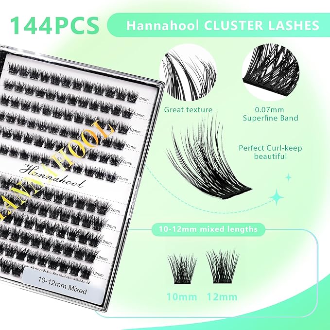 12rows-Large Tray Mixed 8-10-12-14-16mm/Mixed 14-15-16mm/Mixed14mm-16mm/Mixed 18-20mm Wide Stem Individual False Eyelashes Dramatic Black Cluster Eyelashes (mixed 10-12mm)