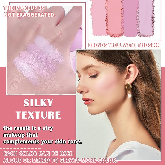 4 Colors Blush Palette for Cheeks - Face Matte Contour Makeup Palette, Buildable Shimmer Facial Cheek Blusher Shades, Blendable Cosmetic With Brush 02