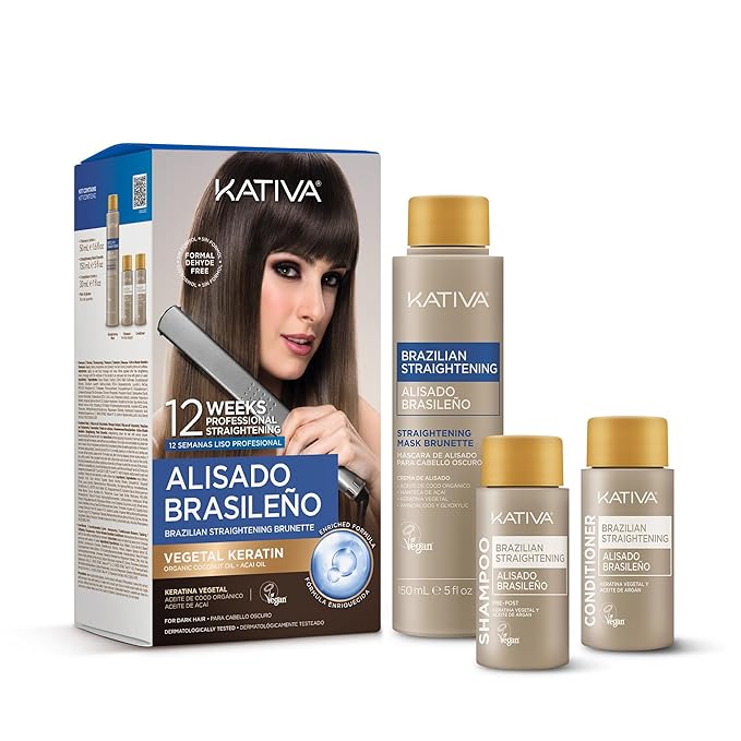 KATIVA Brazilian Keratin Hair Straightening Treatment Brunette, 12 Weeks Smooth Hair at Home, Anti Frizz Smoothing System, Hyaluronic Acid & Argan Oil, Formaldehyde Free