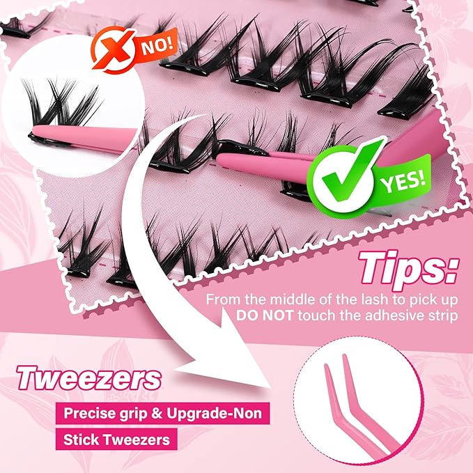 PROLASHBEAUTY Self Adhesive Eyelashes Fox Lash Clusters Self Adhesive Lashes No Glue Needed Lashes 10-16MM Pre Glued Eyelashes Clusters with Anti-Stick Tweezer(Fox,10-16mix)