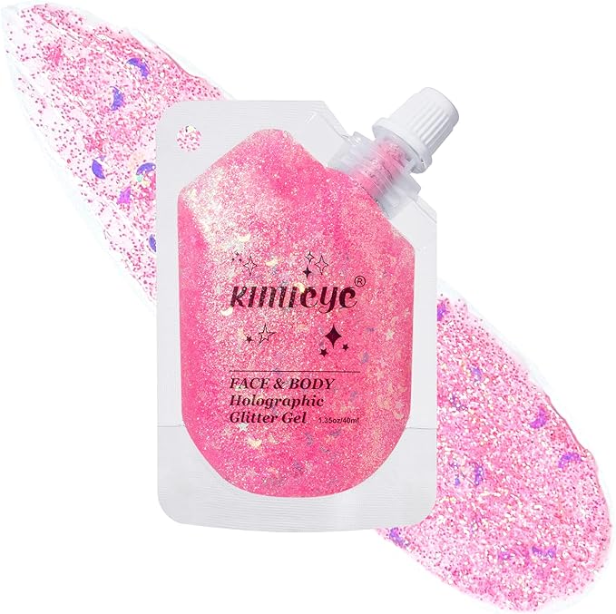Dazzling Pink Face Body Glitter Gel Shimmer Makeup for Hair Clavicle Arm Nail Eyeshadow, Long Lasting Waterproof Holographic Mermaid Sequins for Outfit Rave Festival Party, 1.35oz, #2
