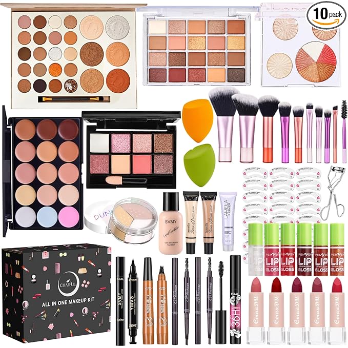 All in One Makeup Kit for Women Full Kit, Make Up Gift Set, Makeup Essential Bundle Includes Foundation Eyeshadow Palette Concealer Lipstick Eyeliner Eyebrow Stencils Mascara Cosmetic Brush Set