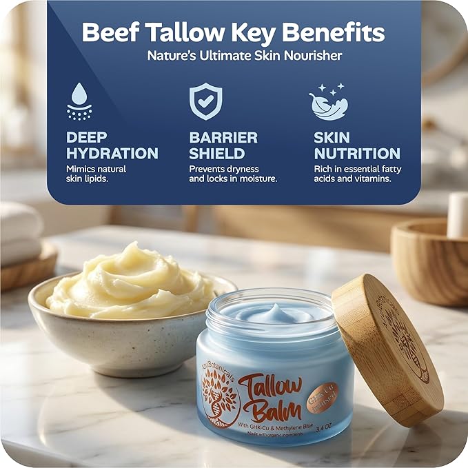 Copper Peptide GHk-Cu & Methylene Blue Infused Whipped Grass Fed Tallow Balm, Fine lines, Wrinkles, Eczema, Acne, Full body Moisturizer, For All Skin (3.4 oz)