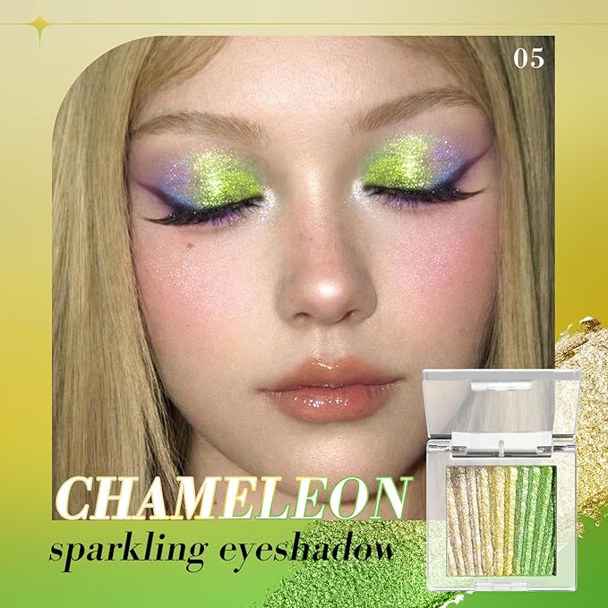 Half Magic Glitter Eyeshadow, Multi Glitter chameleon eyeshadow, 3 Color Gold-Yellow-Green Iridescent Holographic Cream Eye Shadow, #05