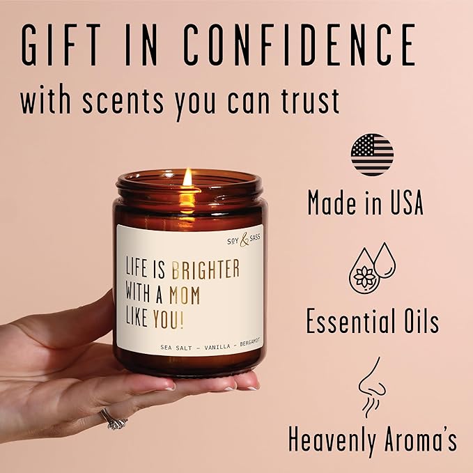 Mothers Day Gifts for Mom, Mom Gifts from Daughter or Son - 'Life is Brighter with a Mo m Like You' Soy Candle, w/Fig & Sandalwood I Birthday from Daughter Son Ideas I 50Hr Burn, USA Made