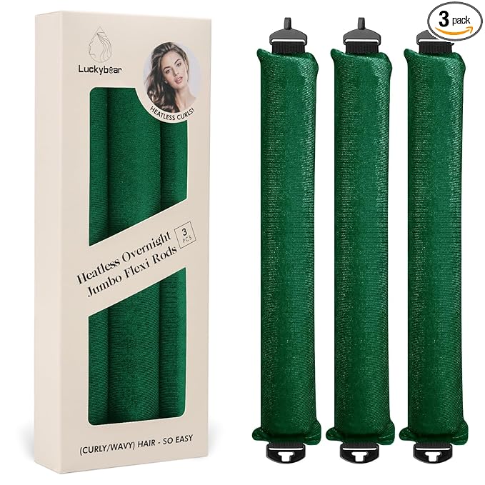 Heatless Hair Curler Rods for Overnight Satin Flexi Curls, Jumbo No-Heat Sleeping Styling Tools for All Hair Types - 3pcs Green