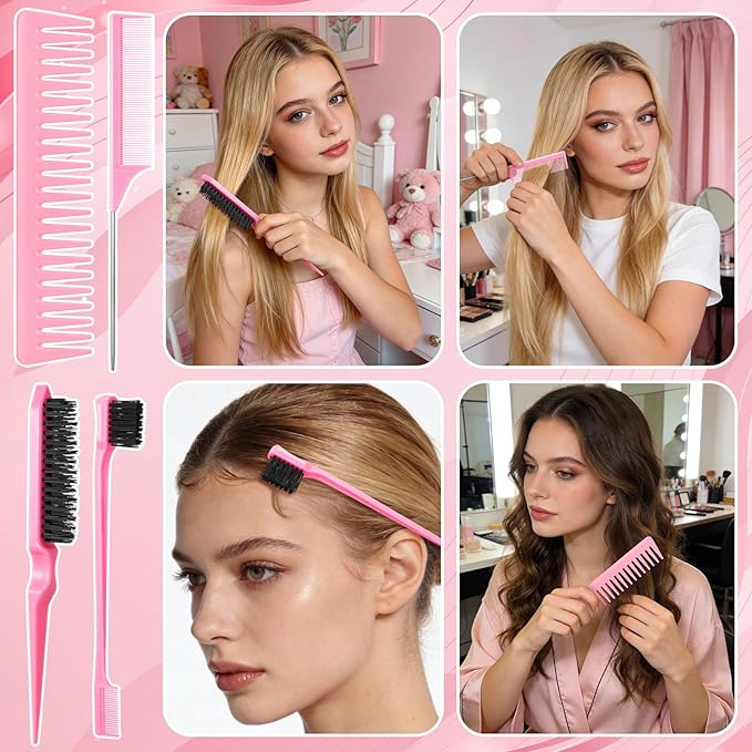 6 Pcs Boar Bristle Slick Back Hair Brush with Pink Edge Brush, Rat Tail Comb and Wide Tooth Comb for Women Men